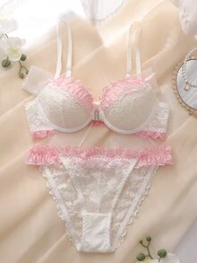 DelicateAllure Women's Sweet Bow Decor Bra And Lace Triangle Panty Lingerie Set - White - View 1