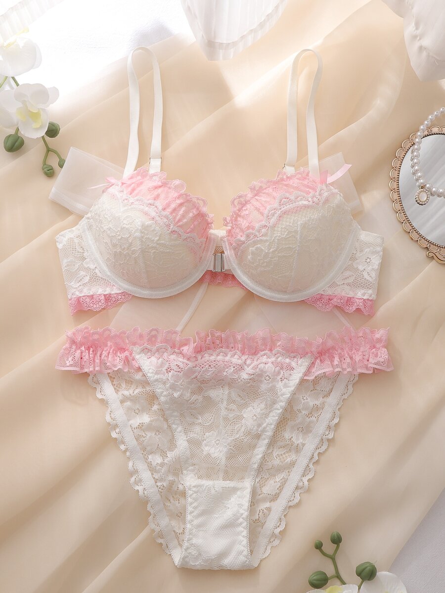 DelicateAllure Women's Sweet Bow Decor Bra And Lace Triangle Panty Lingerie Set - White - View 1