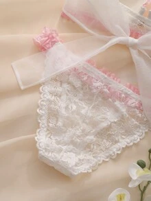 DelicateAllure Women's Sweet Bow Decor Bra And Lace Triangle Panty Lingerie Set - White - View 6