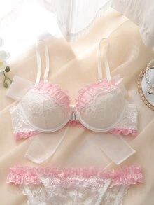 DelicateAllure Women's Sweet Bow Decor Bra And Lace Triangle Panty Lingerie Set - White - View 4