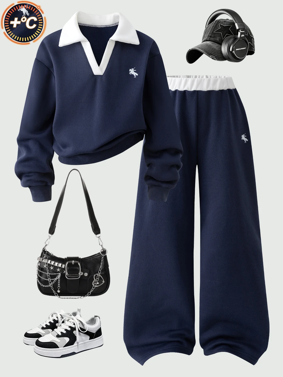 SHEIN 女童牛仔運動風 80 年代兩件套，秋季，紐約字母圖案立領運動衫短褲，校園穿搭，學校，海軍藍運動風