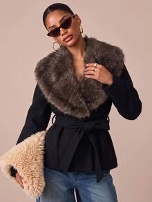 Lumalex Winter Fall Women's Regular Jacket With Faux Fur Collar, Patchwork And Tie-Up Long Sleeves,New Fall Styles Dawn-To-Gala Elegant Poised - Black - View 12