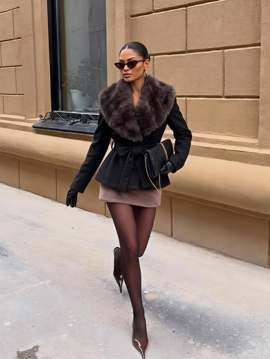 Lumalex Winter Fall Women's Regular Jacket With Faux Fur Collar, Patchwork And Tie-Up Long Sleeves,New Fall Styles Dawn-To-Gala Elegant Poised
