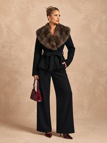Lumalex Winter Fall Women's Regular Jacket With Faux Fur Collar, Patchwork And Tie-Up Long Sleeves,New Fall Styles Dawn-To-Gala Elegant Poised - Black - View 6