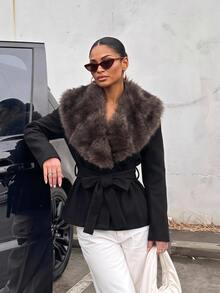 Lumalex Winter Fall Women's Regular Jacket With Faux Fur Collar, Patchwork And Tie-Up Long Sleeves,New Fall Styles Dawn-To-Gala Elegant Poised - Black - View 3