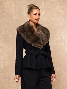 Lumalex Winter Fall Women's Regular Jacket With Faux Fur Collar, Patchwork And Tie-Up Long Sleeves,New Fall Styles Dawn-To-Gala Elegant Poised - Black - View 10