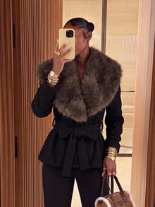 Lumalex Winter Fall Women's Regular Jacket With Faux Fur Collar, Patchwork And Tie-Up Long Sleeves,New Fall Styles Dawn-To-Gala Elegant Poised - Black - View 4