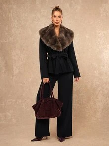 Lumalex Winter Fall Women's Regular Jacket With Faux Fur Collar, Patchwork And Tie-Up Long Sleeves,New Fall Styles Dawn-To-Gala Elegant Poised - Black - View 9