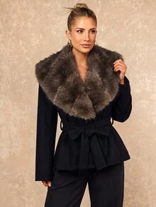 Lumalex Winter Fall Women's Regular Jacket With Faux Fur Collar, Patchwork And Tie-Up Long Sleeves,New Fall Styles Dawn-To-Gala Elegant Poised - Black - View 7