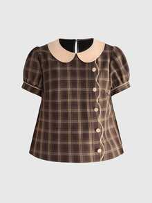 ROMWE Kawaii Autumn/Winter Cute Brown Plaid A-Line Doll Style Shirt For Women - Brown - View 1