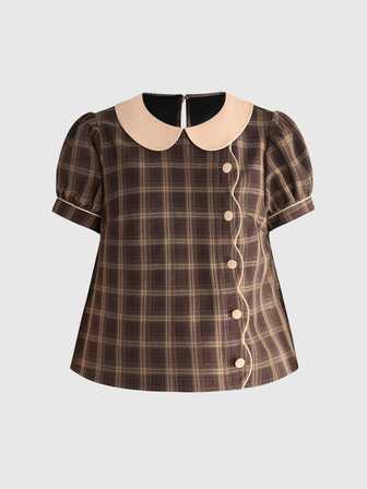 Kawaii Camicia stile bambola a trapezio con motivo a quadri marrone carino per autunno/inverno per donne