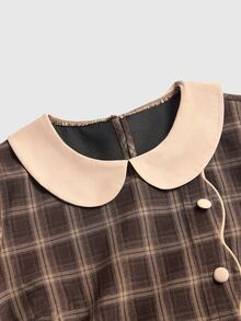 ROMWE Kawaii Autumn/Winter Cute Brown Plaid A-Line Doll Style Shirt For Women - Brown - View 3