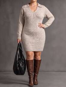 Elenzga Plus Size Women's Autumn/Winter Fashion Casual Solid Color V-Neck Long Sleeve Loose Slimming Mid-Length Knit Dress, Suitable For Daily Commute, Casual And Other Occasions - Khaki - View 3