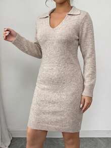 Elenzga Plus Size Women's Autumn/Winter Fashion Casual Solid Color V-Neck Long Sleeve Loose Slimming Mid-Length Knit Dress, Suitable For Daily Commute, Casual And Other Occasions - Khaki - View 4