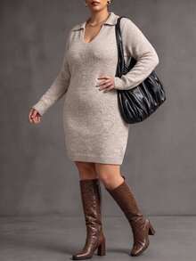 Elenzga Plus Size Women's Autumn/Winter Fashion Casual Solid Color V-Neck Long Sleeve Loose Slimming Mid-Length Knit Dress, Suitable For Daily Commute, Casual And Other Occasions - Khaki - View 1