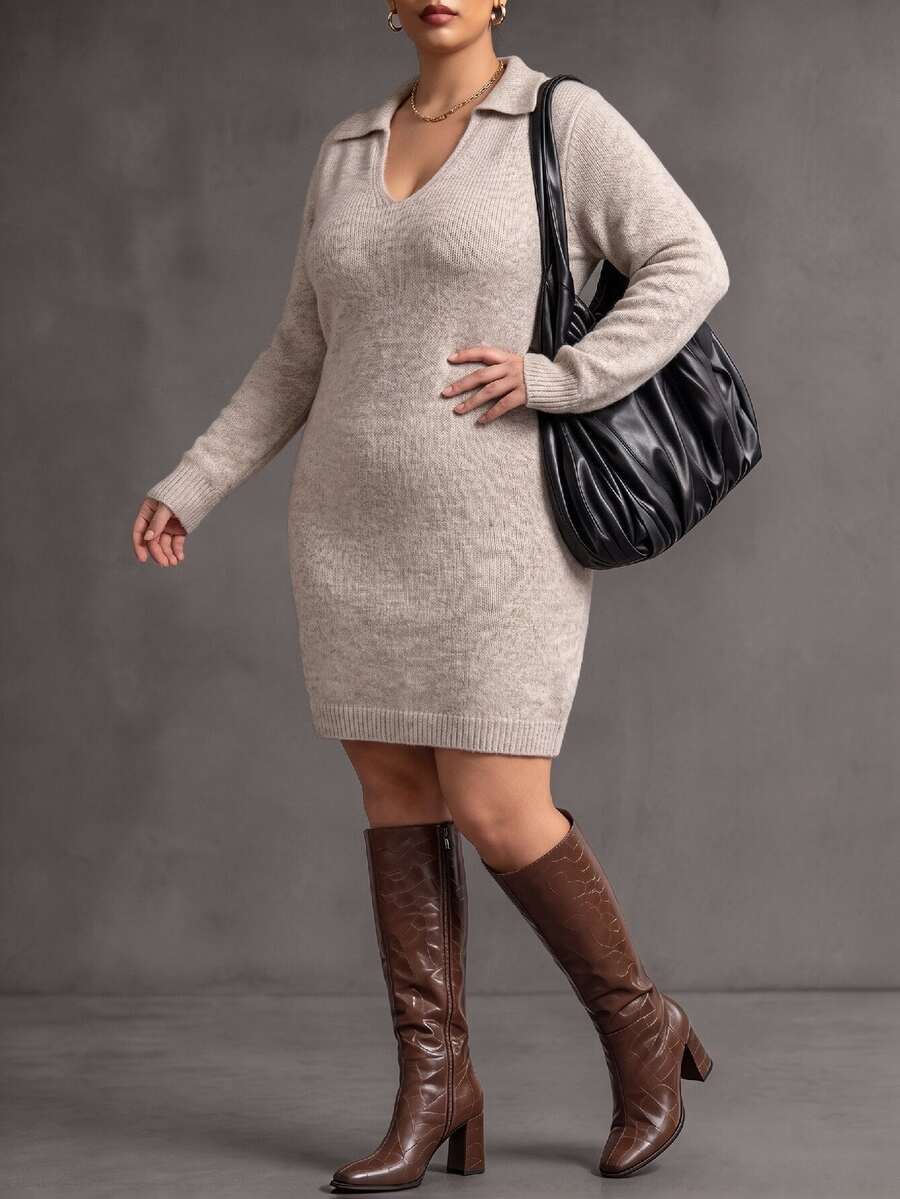 Elenzga Plus Size Women's Autumn/Winter Fashion Casual Solid Color V-Neck Long Sleeve Loose Slimming Mid-Length Knit Dress, Suitable For Daily Commute, Casual And Other Occasions - Khaki - View 1