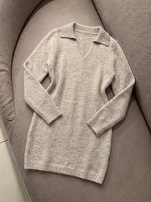 Elenzga Plus Size Women's Autumn/Winter Fashion Casual Solid Color V-Neck Long Sleeve Loose Slimming Mid-Length Knit Dress, Suitable For Daily Commute, Casual And Other Occasions - Khaki - View 6