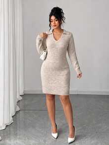 Elenzga Plus Size Women's Autumn/Winter Fashion Casual Solid Color V-Neck Long Sleeve Loose Slimming Mid-Length Knit Dress, Suitable For Daily Commute, Casual And Other Occasions - Khaki - View 5