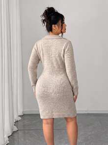 Elenzga Plus Size Women's Autumn/Winter Fashion Casual Solid Color V-Neck Long Sleeve Loose Slimming Mid-Length Knit Dress, Suitable For Daily Commute, Casual And Other Occasions - Khaki - View 2