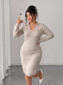 Elenzga Plus Size Women's Autumn/Winter Fashion Casual Solid Color V-Neck Long Sleeve Loose Slimming Mid-Length Knit Dress, Suitable For Daily Commute, Casual And Other Occasions - Khaki - View 7