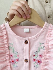 SHEIN 幼童女嬰公主洋裝，可愛甜美優雅，腮紅粉花卉燈芯絨，長袖圓領前開扣，荷葉邊刺繡，秋季套裝 - 粉色 - 查看 3