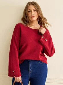Écloséra Curve Plus Size Women's Round Neck Long Sleeve Solid Color Button Detail Knit Pullover Sweater Casual Elegant Minimalist Fall Christmas Homewear Evening - Burgundy - View 1