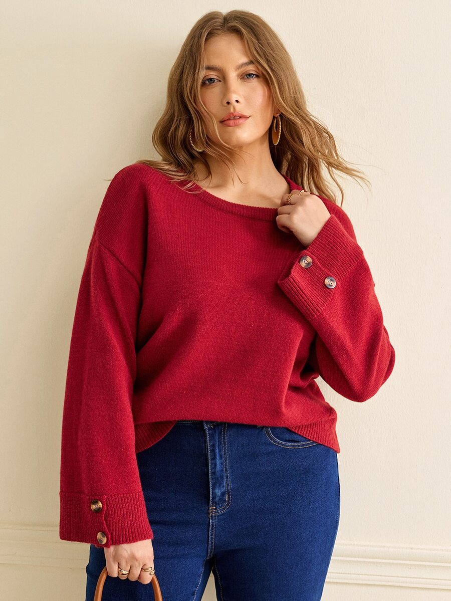 Écloséra Curve Plus Size Women's Round Neck Long Sleeve Solid Color Button Detail Knit Pullover Sweater Casual Elegant Minimalist Fall Christmas Homewear Evening - Burgundy - View 1