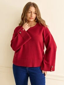 Écloséra Curve Plus Size Women's Round Neck Long Sleeve Solid Color Button Detail Knit Pullover Sweater Casual Elegant Minimalist Fall Christmas Homewear Evening - Burgundy - View 6