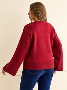 Écloséra Curve Plus Size Women's Round Neck Long Sleeve Solid Color Button Detail Knit Pullover Sweater Casual Elegant Minimalist Fall Christmas Homewear Evening - Burgundy - View 2