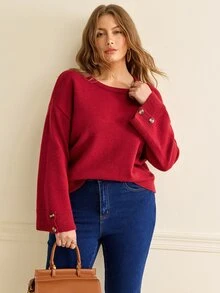 Écloséra Curve Plus Size Women's Round Neck Long Sleeve Solid Color Button Detail Knit Pullover Sweater Casual Elegant Minimalist Fall Christmas Homewear Evening - Burgundy - View 8