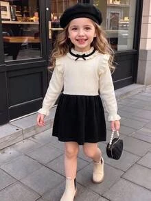 Young Girl) Pullover Sweater Dress With Ruffle Collar, Handmade Bow, Exquisite Color Block Design, A-Line Silhouette, Elegant And Gentle Style, Suitable For Daily Wear And School - White - View 1