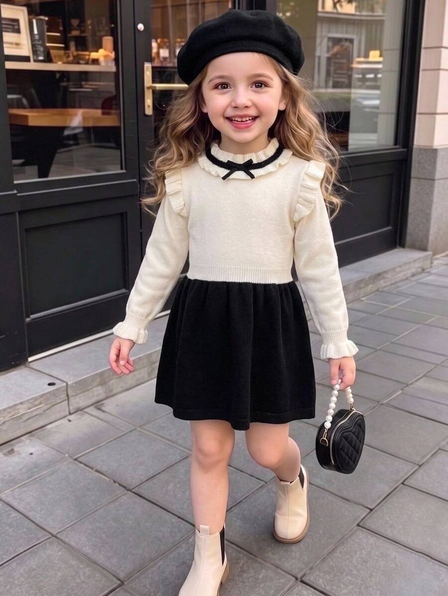 Young Girl) Pullover Sweater Dress With Ruffle Collar, Handmade Bow, Exquisite Color Block Design, A-Line Silhouette, Elegant And Gentle Style, Suitable For Daily Wear And School - White - View 1