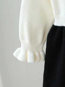 Young Girl) Pullover Sweater Dress With Ruffle Collar, Handmade Bow, Exquisite Color Block Design, A-Line Silhouette, Elegant And Gentle Style, Suitable For Daily Wear And School - White - View 7