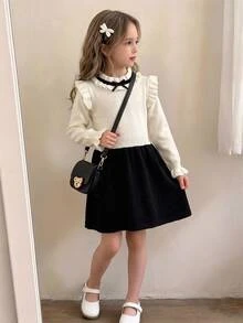 Young Girl) Pullover Sweater Dress With Ruffle Collar, Handmade Bow, Exquisite Color Block Design, A-Line Silhouette, Elegant And Gentle Style, Suitable For Daily Wear And School - White - View 9
