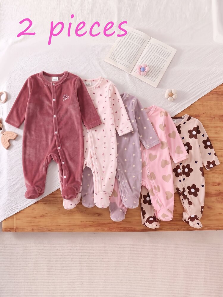 2pcs Baju Terusan Bayi Baru Lahir Nyaman Gaya Pastoral Lembut Tebal Berwarna Merah Muda dengan Bordir Bunga dan Kancing, Dilengkapi Penutup Kaki - Baby Pink - View 8