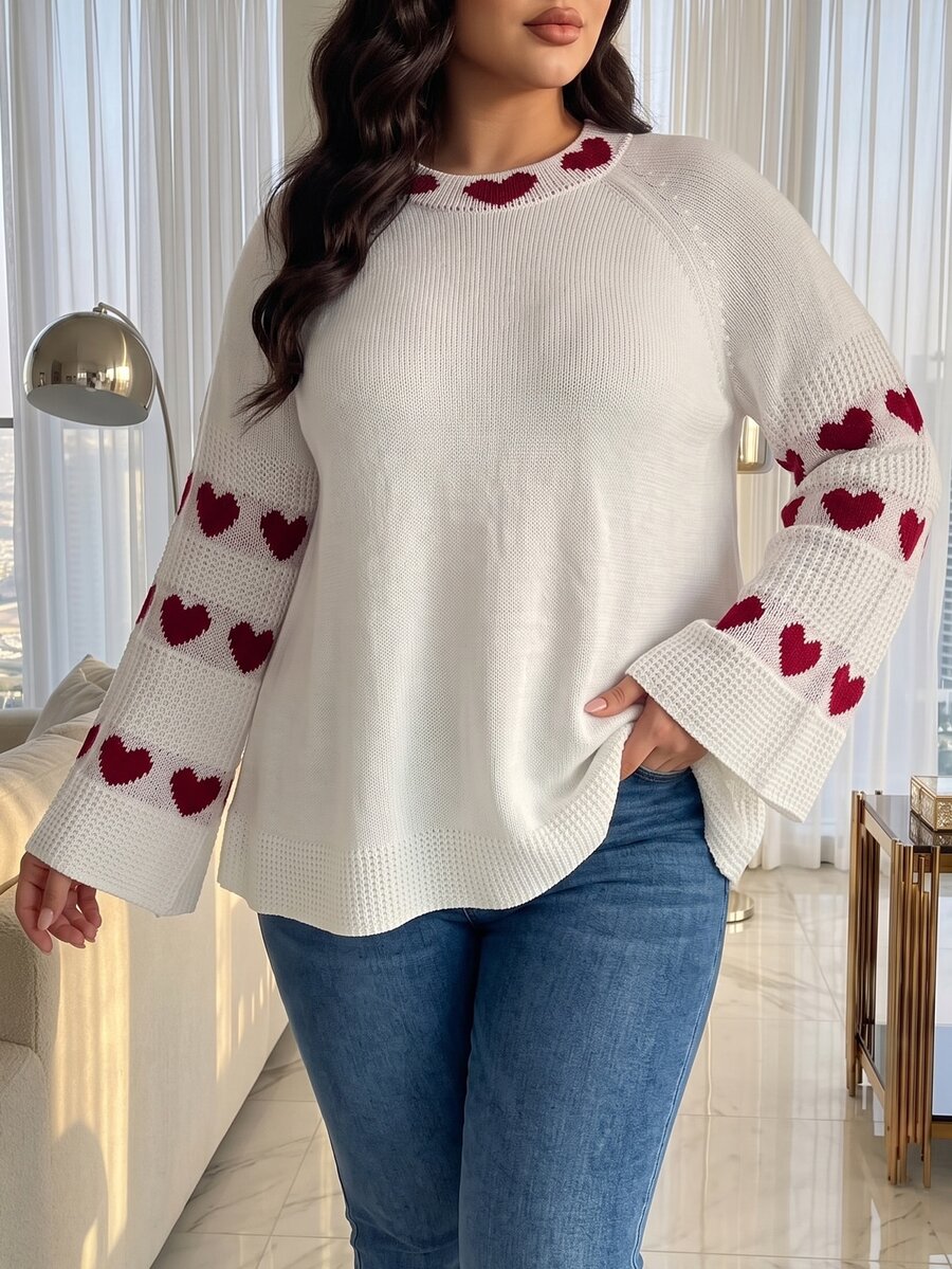 GlowEve CURVE Autumn/Winter Plus Size Heart Contrast Color Straight Sleeve Crew Neck Loose Slouchy Versatile Pullover Knit Sweater Christmas - White - View 1