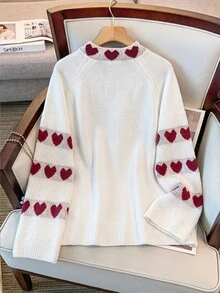 GlowEve CURVE Autumn/Winter Plus Size Heart Contrast Color Straight Sleeve Crew Neck Loose Slouchy Versatile Pullover Knit Sweater Christmas - White - View 2