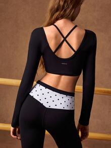 VARSIVA Women's Patchwork Polka Dot Print Long Sleeve Cropped T-Shirt And Flare Pants Sports Set - Black and White - View 12