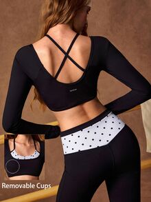 VARSIVA Women's Patchwork Polka Dot Print Long Sleeve Cropped T-Shirt And Flare Pants Sports Set - Black and White - View 2