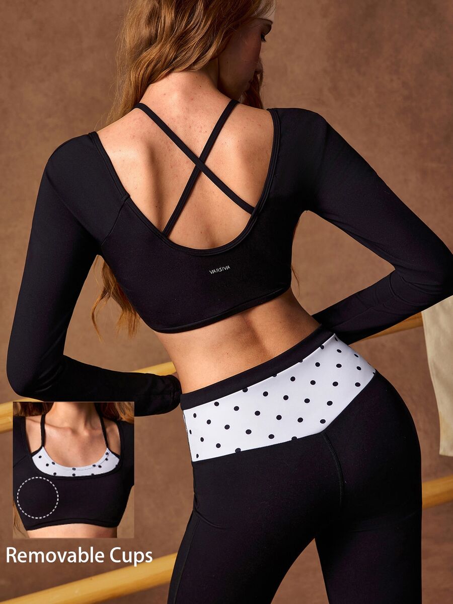VARSIVA Women's Patchwork Polka Dot Print Long Sleeve Cropped T-Shirt And Flare Pants Sports Set