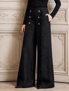 Anewsta Autumn/Winter New Classic Vintage Tweed Fabric With Rhinestone Buttons, Tassel Trim, Side Pockets, Modern Elegant High-Waist Wide Leg Trousers For Women - Black - View 4
