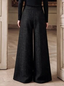 Anewsta Autumn/Winter New Classic Vintage Tweed Fabric With Rhinestone Buttons, Tassel Trim, Side Pockets, Modern Elegant High-Waist Wide Leg Trousers For Women - Black - View 2