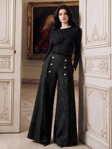 Anewsta Autumn/Winter New Classic Vintage Tweed Fabric With Rhinestone Buttons, Tassel Trim, Side Pockets, Modern Elegant High-Waist Wide Leg Trousers For Women - Black - View 1