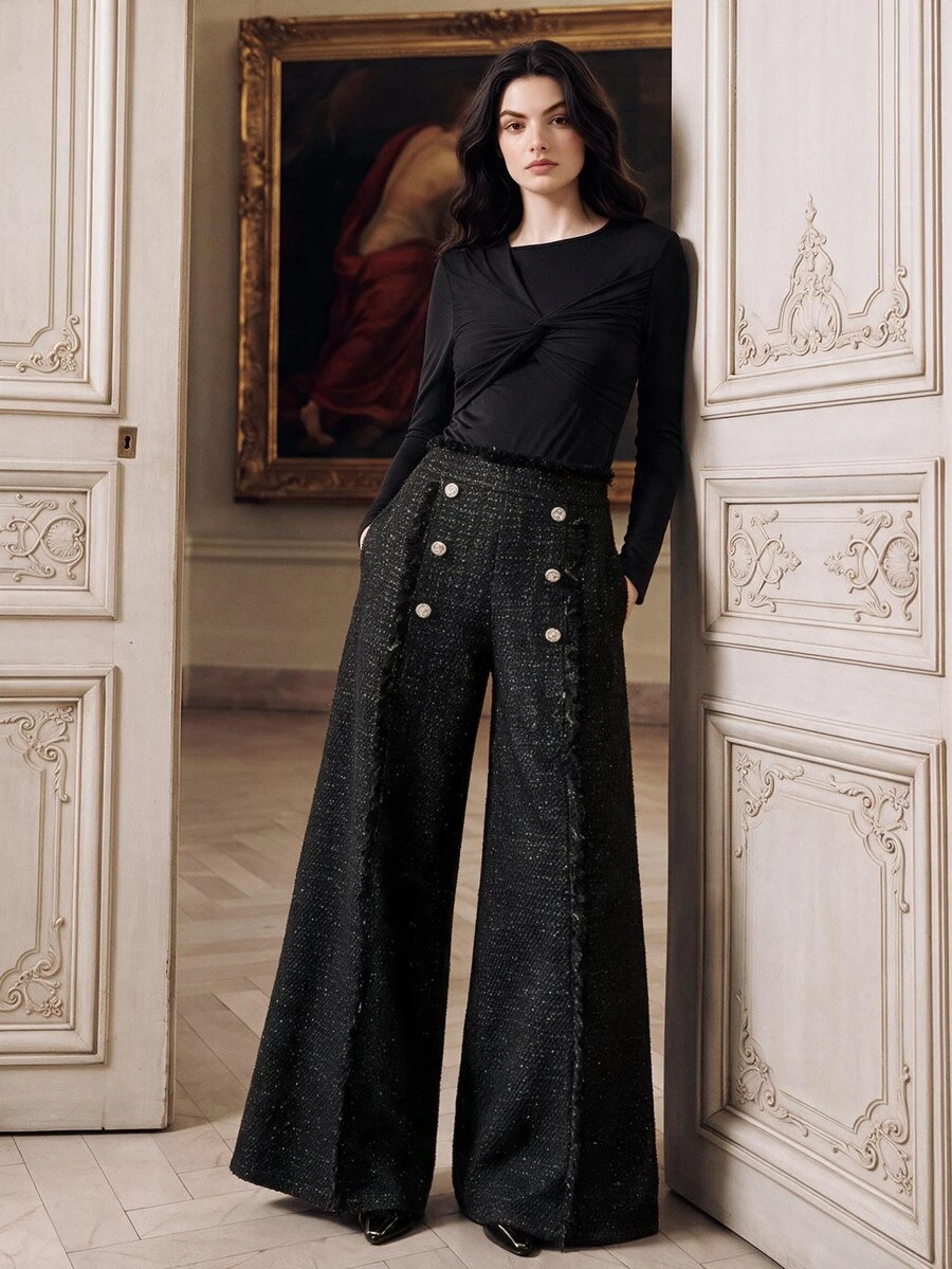 Anewsta Autumn/Winter New Classic Vintage Tweed Fabric With Rhinestone Buttons, Tassel Trim, Side Pockets, Modern Elegant High-Waist Wide Leg Trousers For Women - Black - View 1