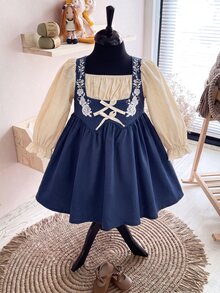 SHEIN 女嬰甜美花卉印花二合一洋裝 - 藍色 - 查看 7