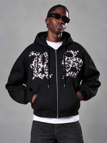 STYNVO Men's Letter Pattern Zip-Up Casual Daily Hoodie - Black - View 5