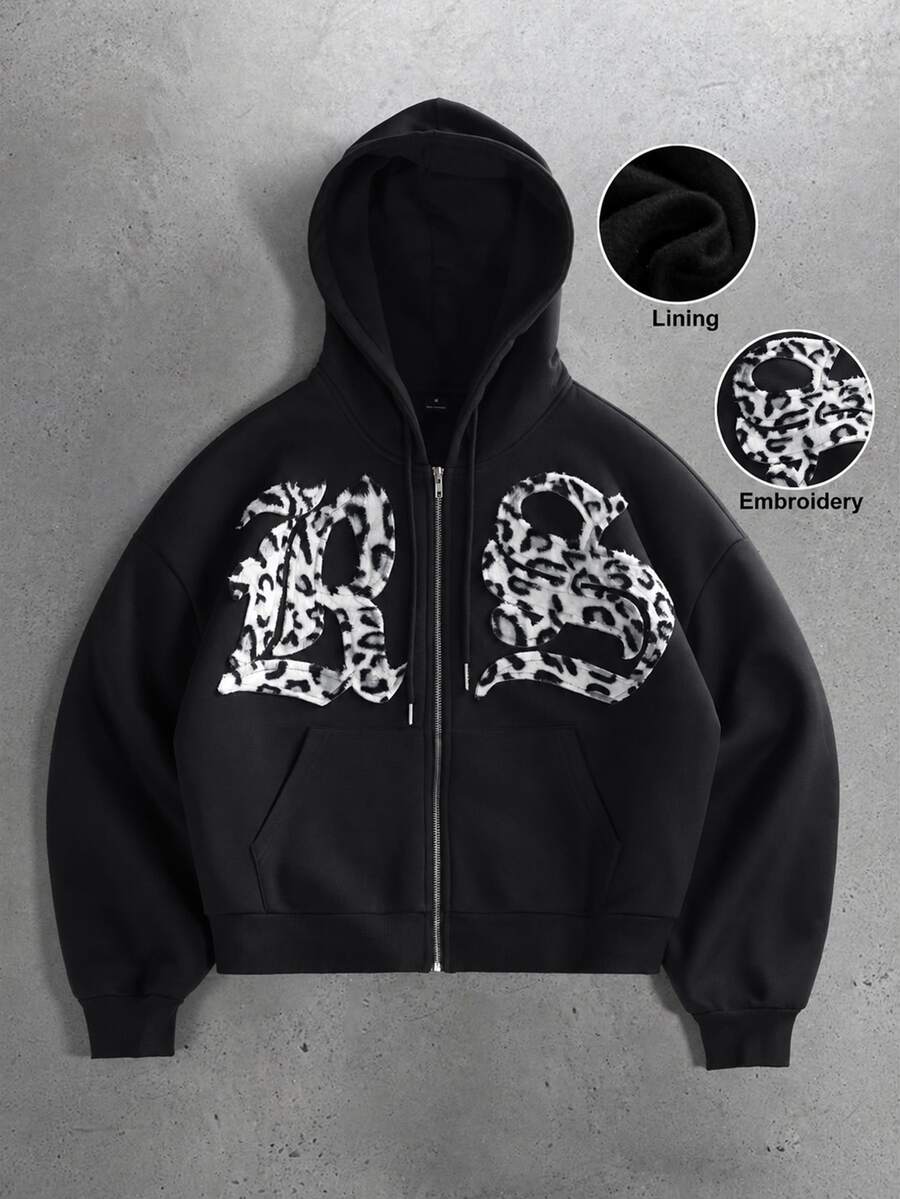 STYNVO Men's Letter Pattern Zip-Up Casual Daily Hoodie - Black - View 1
