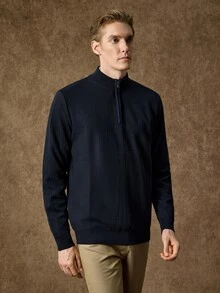 Manfinity Homme Men's Half-Zip Solid Color Long Sleeve Casual Sweater, Ins Style, Glamorous Party, Street Mature, Loose Fit Sweater Black Autumn, Formal, Old Money - Navy Blue - View 3