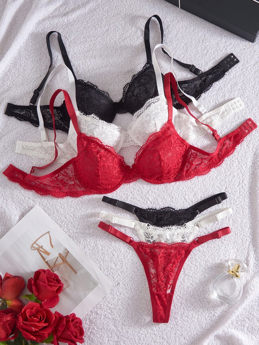 SHEIN 6pcs Lightweight Lace Eyelash Lingerie Set - Multicolor - View 1