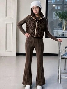 3Pcs/Set Tween Girls 80s Matching Modest Western Cute Quilted Vest Long Sleeve Slim Fit T-Shirt V-Waist Pants Set School Brown Fall Family Holiday - Multicolor - View 4